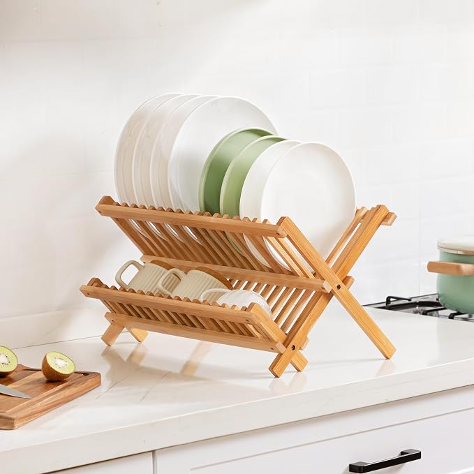 Bamboo 2 Tier Dish Drying Rack with Utensil Holder | Collapsible Dish Rack for Kitchen Counter, Large Folding Drying Holder, Dish Drainer, Kitchen Organizers and Storage - Image 7
