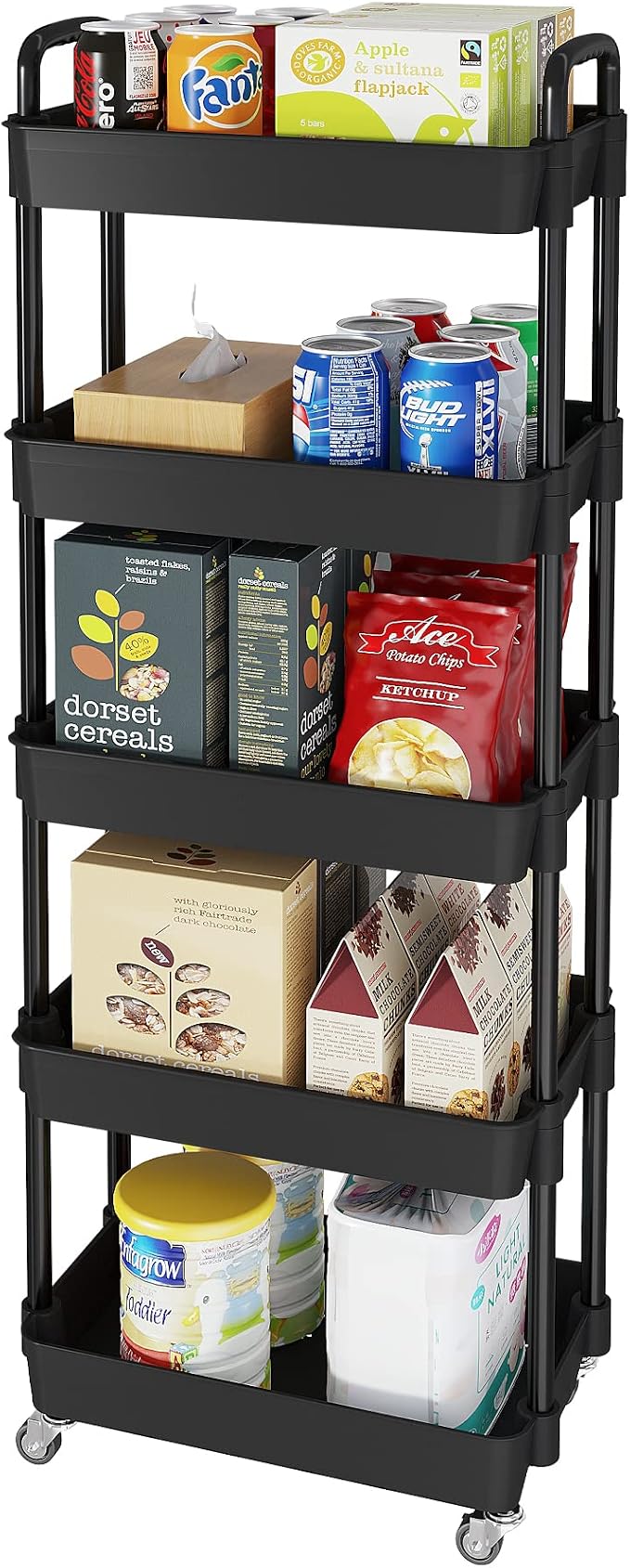 Laiensia Multifunction Utility Rolling Cart, 5-Tier Plastic & Metal Storage Organizer, Black, Lockable Wheels, Modern Style, Indoor Use by Laiensia
