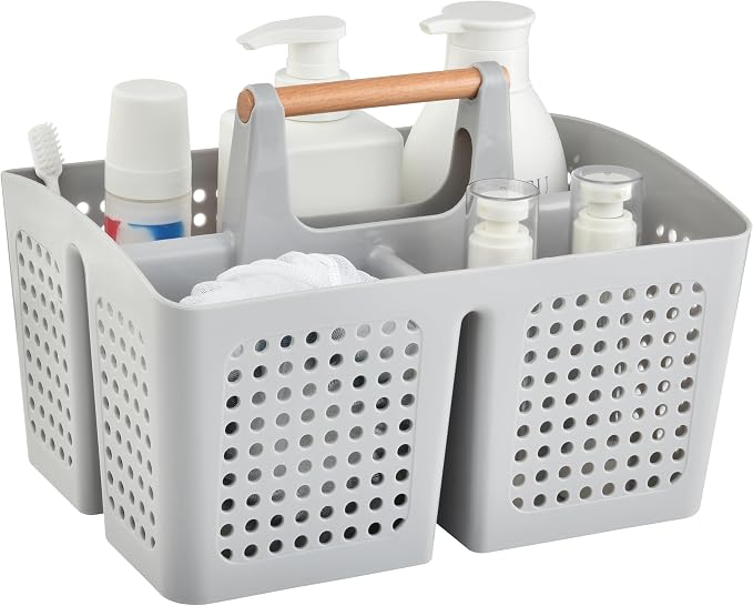 Portable Shower Caddy Basket with 3 Compartments and Handle, Light Gray | Plastic Divided Storage Caddy for Bathrooms, Apartments, Guest Rooms, Offices, Crafts and Under-Sink Organization by PAKCHOICE