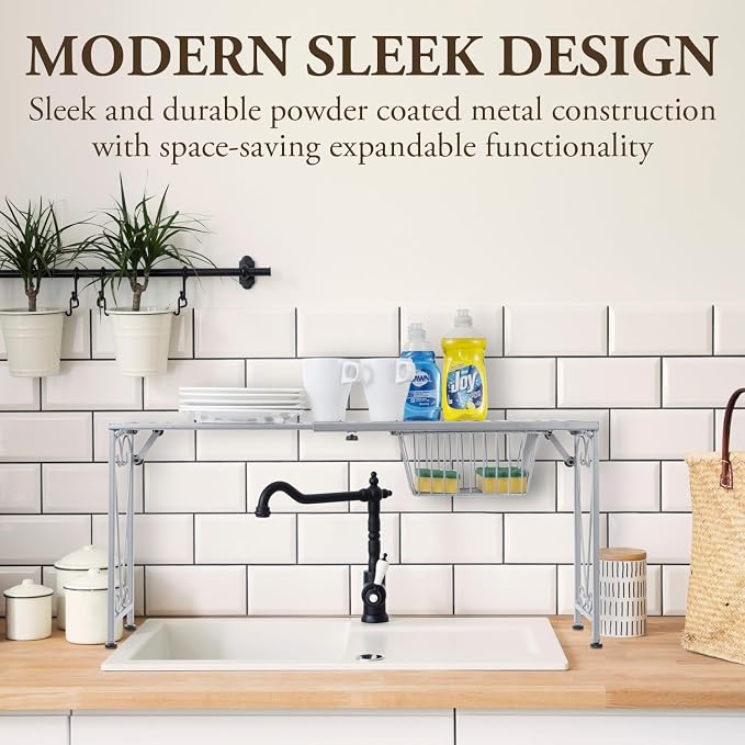 MyGift Silver Metal Over The Sink Organizer Shelf with Pull Out Drawer, Expandable Kitchen Caddy Rack, Bathroom Storage Shelf Riser with Scrollwork Design - Image 4