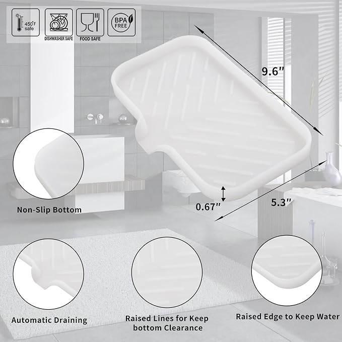 MicoYang Silicone Soap Dish with Drain Spout — Self-Draining Sink Organizer Tray for Bathroom & Kitchen, Sponges, Dispensers & Soap Holder, Non-Slip & Dishwasher Safe, Translucent (Medium, 9.6"×5.3") - Image 2