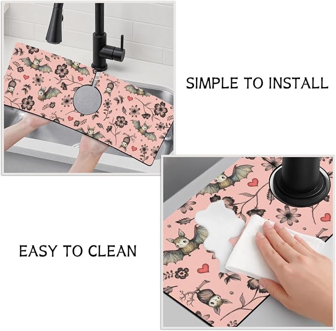 Halloween Kitchen Sink Splash Guard Faucet Mat,Pink Bats Flower Halloween Faucet Non-Slip Absorbent Mat,Farmhouse Sink Splash Guard Behind Faucet for Kitchen Bathroom,15"x5.5" - Image 4
