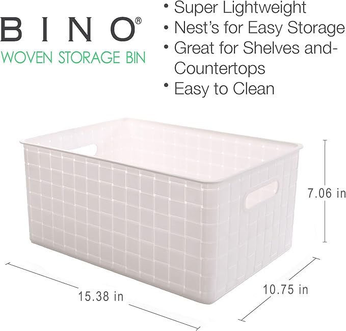 BINO | Plastic Basket, Large - White | 3 Pack | THE STABLE COLLECTION | Multi-Use Storage Basket | Rectangular Cabinet Organizer | Baskets for Organizing with Handles | Home & Office Storage Organizer - Image 2