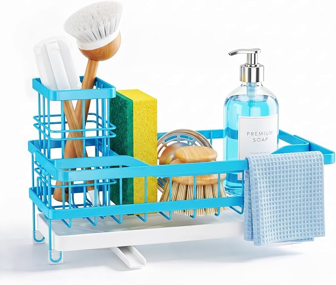 Sponge Holder for Kitchen Sink, Self-draining Sink Caddy with Towel Rack and Brush Holder, Metal Kitchen Countertop Organizers and Storage Essentials, Blue - Image 8