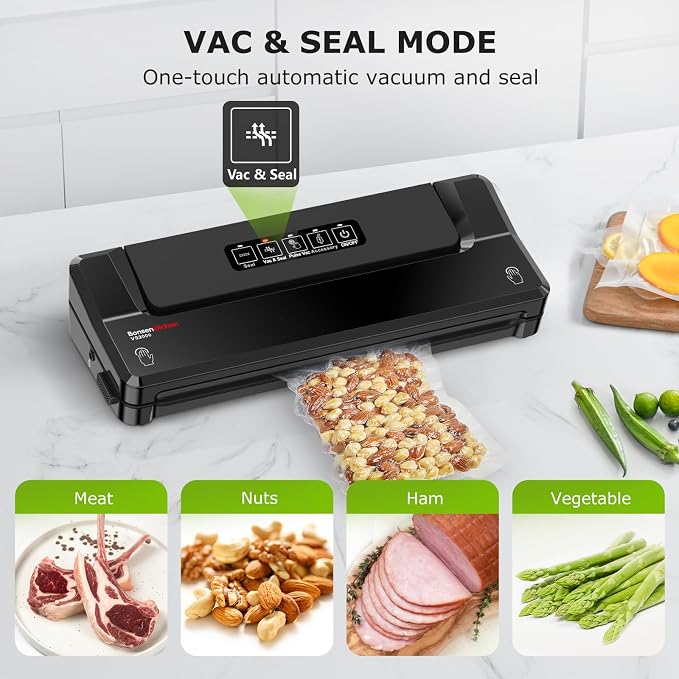 Bonsenkitchen Vacuum Sealer Machine With 5 Vacuum Bags,Black | Compact Food Sealer for Sous-Vide & Meal Prep,Multiple Modes,External Vacuum System,6x Longer Freshness - Image 4