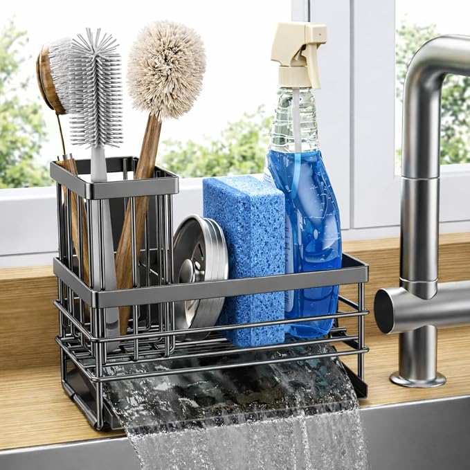 Cisily Sink Caddy Sponge Holder for Kitchen with Brush Holder and Stainless Steel Self Drain Tray, Rustproof Kitchen Sink Organizer for Sponge, Soap Dispenser Storage Accessories by CISILYHOMELIFE