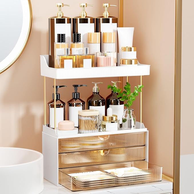 StorBin Arcylic 5-Tier Makeup & Skincare Organizer for Vanity, Bath, 2 Sets | Smooth 3 drawers, clear body, gold frame, non-slip, for perfumes, serums, face masks, palettes, vanity & bath counter,Amber - Image 8