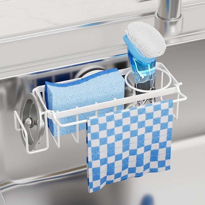 TAILI 4-in-1 Sink Caddy for Kitchen Sink with Strong Suction Cup-White | Removable Sponge Holder for Kitchen Sink Organizer, Rustproof 304 Stainless Steel Holder for Sponge, Brush, Scrubber, Scraper by TAILI