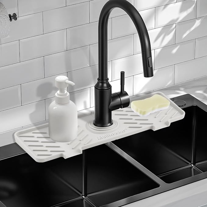Silicone Faucet Mat for Kitchen Sink – Gen 3 10° Slope Splash Guard with Cuttable Hole – 14” x 5.5” Drip Catcher & Sponge Holder for Kitchen, Bathroom (White) by Meiliweser