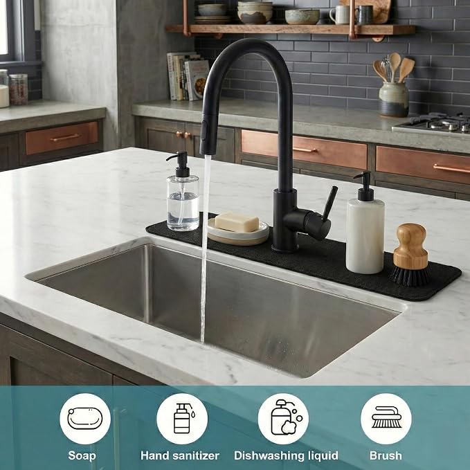 Customizable Kitchen Sink Faucet Mat: 24" Lx5.5 W Absorbent Splash Guard | Non-slip Fabric Rubber Mat, Cut to Fit Oval Rectangle Square Faucet & 2,3,4 Holes Irregular Sink with Soap Dispenser Air Gap - Image 7