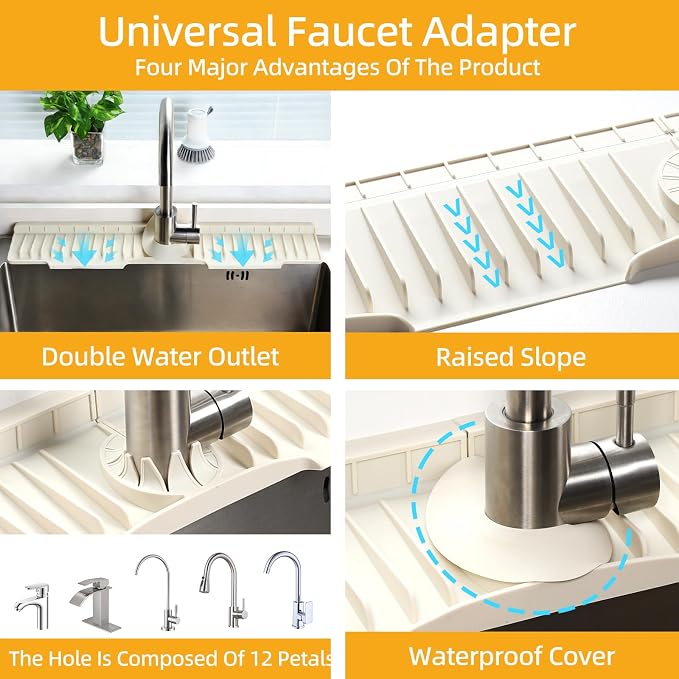 24" Silicone Sink Mat for Kitchen(Released in 2026), Beige | 8° Slope for Quick Self-draining, Sink Splash Guard Behind the Faucet, Narrow Water Splash Guard, for Kitchen&Bathroom Area - Image 7