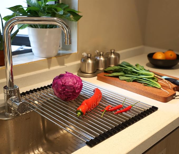 Ahyuan Roll up Dish Drying Rack Over The Sink Kitchen Roll up Sink Drying Rack Stainless Still Portable Drainer Foldable Dish Rack (Black, 17.8''X13.5'') - Image 3