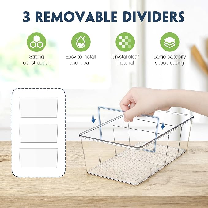 Pantry Organization and Storage Bins with Dividers Kitchen Organizer 2 Pack | Clear Refrigerator Organization Bin for Food, Snacks, Packets Pouches, Spice Packet, Fridge Cabinet Plastic Holder - Image 3