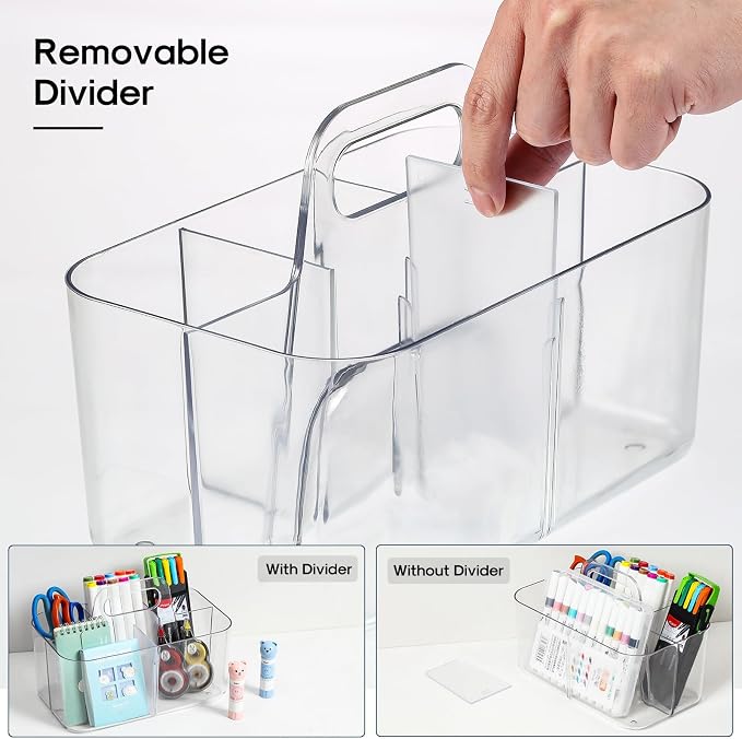 Multiuse Caddy Organizer with Handle, Portable Divided Plastic Tote Bin - Art Craft, Stationary Pen Marker Crayons, Makeup Hair Supplies Storage - Bathroom, Classroom, Dorm, Office, Desk Holder -Clear - Image 6