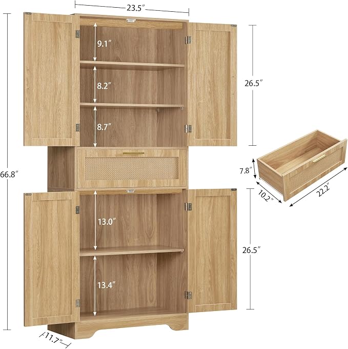 Iwell Tall Storage Cabinet with 2 Adjustable Shelves & Large Drawer, Rattan Cabinet with 4 Doors, Pantry Cabinets for Dining Room, Living Room, Home Office, Natural - Image 3