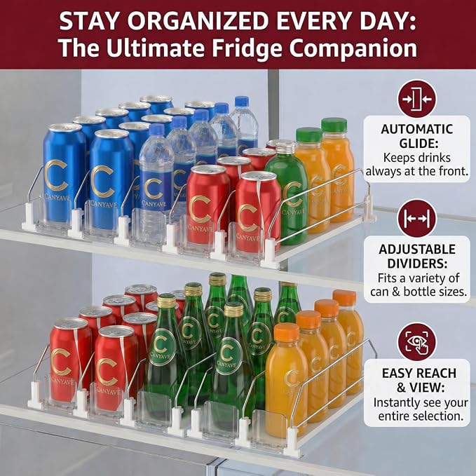 Canyave Self-Pushing Beverage Organizer for Fridge – Adjustable Spring Loaded Drink Dispenser & Soda Can Organizer – Clear Glide Rack Fits Cans, Bottles, Slim & Standard Sizes for Kitchen Pantry - Image 4