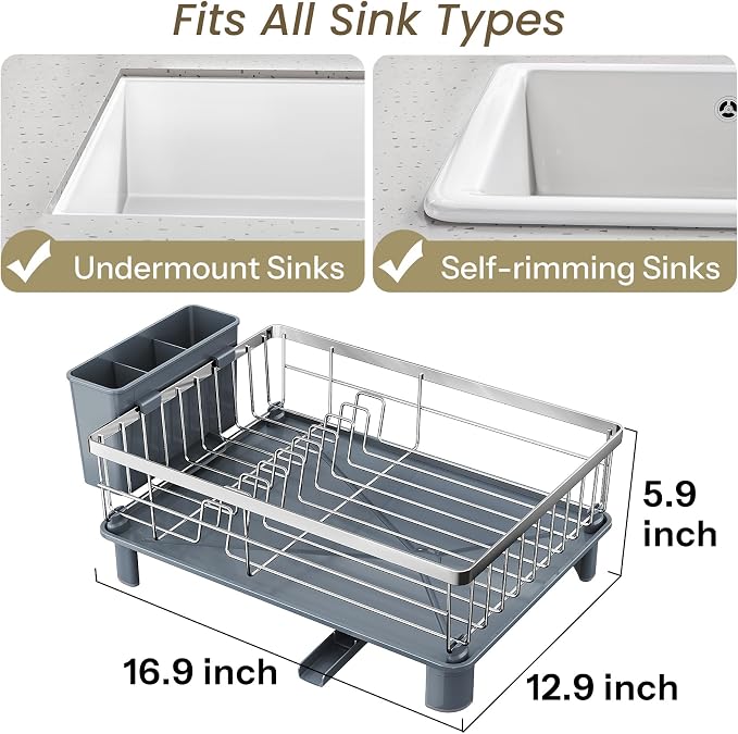 SNTD Dish Drying Rack for Small Kitchen Counter, 12.9" W x 16.9" L, Silver | Space Saving, Rotating Spout & Angled Drainboard for Quick Drainage, Stainless Steel, Removable Utensil Holder - Image 2