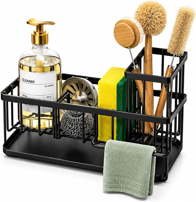 Kitchen Sink Caddy Organizer with Removable with Drain Tray, Rustproof Sponge Holder for Kitchen Counter, Carbon Steel Sink Organizer for Soap Dispenser, Sponge, Scrub Brush & Cleaning Accesories by Unknown