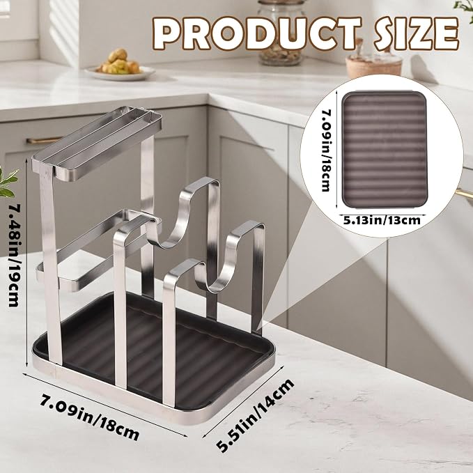 BEEFLYING Pot Lid Cutting Board Holder Organizer for Counterto with Tray | Holds 2 Pot Lids, 7.09*5.5*7.48 In, Stainless Steel, for Holder Spoon Cooking Knives Cutting Board Stove Top Kitchen Counter - Image 7
