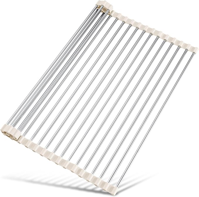 Tomorotec Roll Up Dish Drying Rack Over Sink, 304 Steel, 21x15.5, White | Anti-Slip Silicone Rims For Grip, Heat-Resistant Trivet Mat Holding Heavy Cookware, Rustproof Kitchen Counter Space Saver by Tomorotec