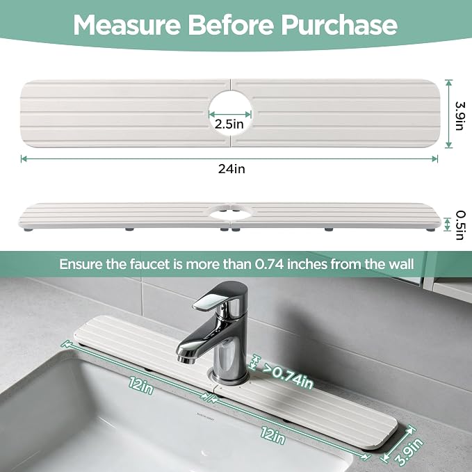 NiuYichee Faucet Mat for Kitchen Sink, Water Absorbing Diatomite Stone Tray | 23.6" x 3.9" Sink Coaster for Bathroom Counter, Stone Drying Mat, Sink Splash Guard, Fast Drying-Prevent Moisture, White - Image 2