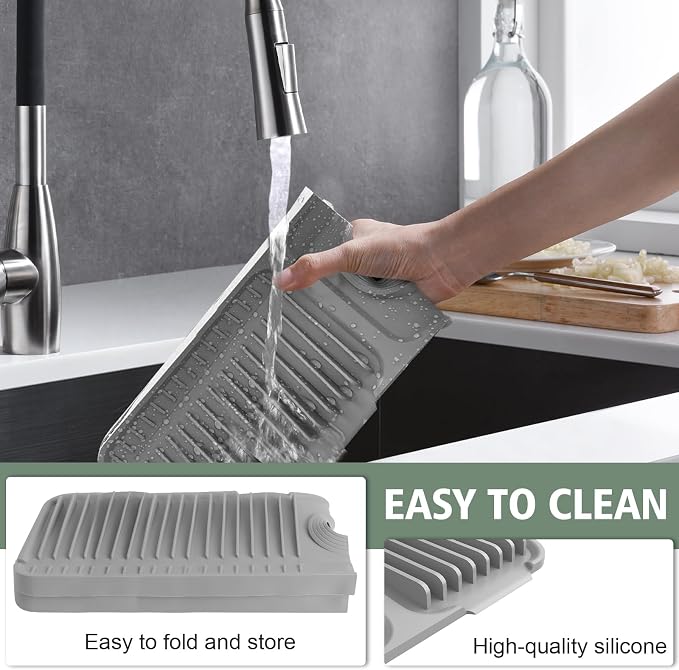 24-Inch Kitchen Sink Splash Guard Mat | 7° Slope for Fast Self-Draining | Snap-Lock Design | Universal & Cuttable Silicone Faucet Mat Gray - Image 7