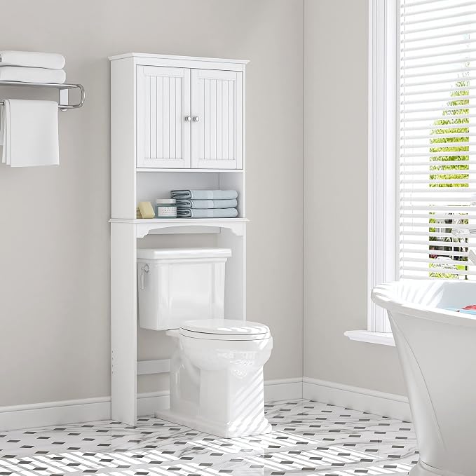 Spirich Over The Toilet Storage Cabinet with Doors, Bathroom Organizer | White, Adjustable Shelf, Anti-Tip Fitting, FSC-Certified MDF, Beadboard Design, 33.3" Toilet Clearance, Adjustable Crossbar - Image 3