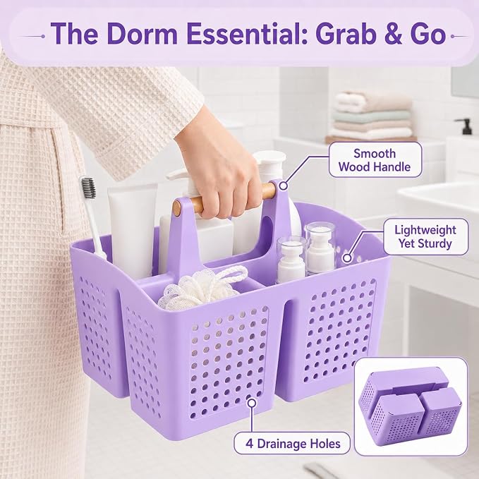 Portable Shower Caddy Basket with 3 Compartments and Handle, Purple | Plastic Divided Beauty Caddy Organizer for Hair Care, Cosmetics, Toiletries, Craft Supplies, Dorms and Vanities - Image 5