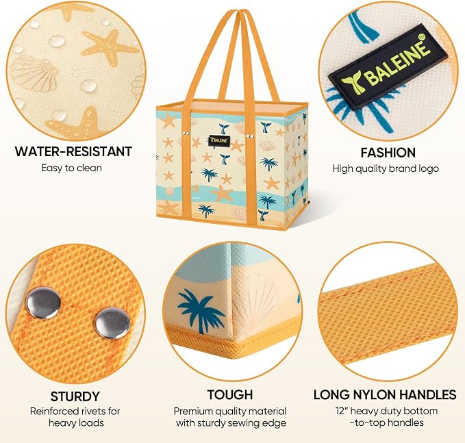 BALEINE 3PK Reusable Grocery Bags, Heavy Duty Shopping Tote Bag | 12'' Long Handles, Reinforced Bottom Keeps Upright, Fold Flat Storage, Water-Resistant Shopping Bag, Multiple Color Options - Image 4