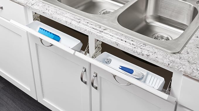 Rev-A-Shelf 14" Tip-Out Plastic Sink Trays for Kitchen and Bathroom Base Cabinet, Pull Out Vanity Shelf Home Organizer, White, 6572-14-11-52 - Image 2