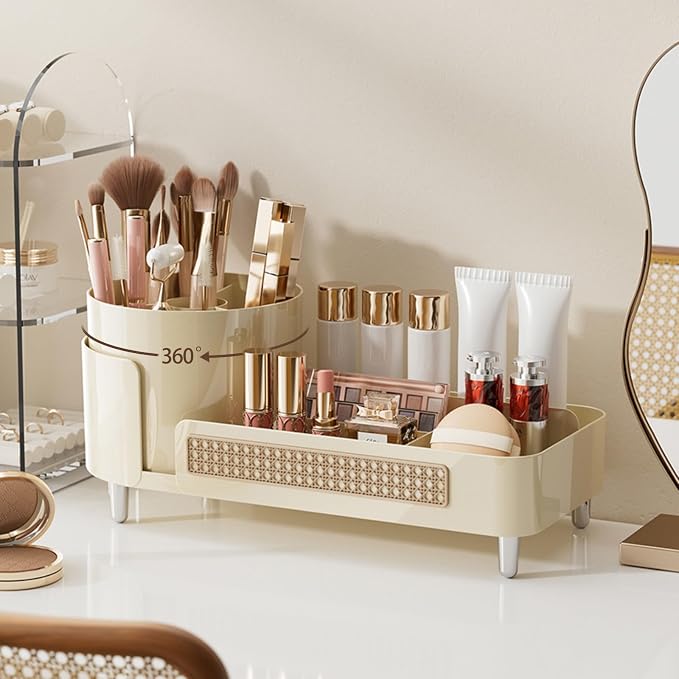 Booklov Rotating Makeup Organizer for Vanity Countertop, Cream | Plastic Cosmetic Display Case, Large Beauty Brush Holder for Bathroom Counter, Skin Care Perfumes Storage by Booklov