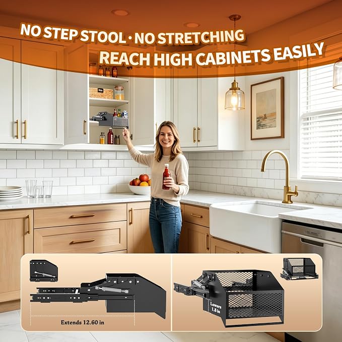 HOUSE AGAIN Pull-Down Cabinet Organizer for High/Deep Cabinets, Drop Down Spice Rack, 12.6" Out & 1.8" Down, 1 Tier, Dual Install (Screw/3M Tape), Fits Frameless, for Spices, Snacks and Small Bottles - Image 3
