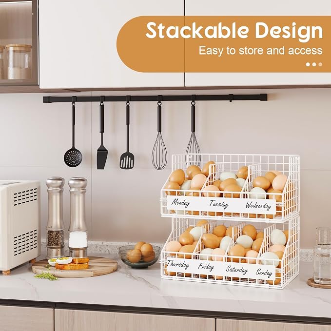 Egg Holder Countertop with 5 Dividers & DIY Labels to Separate Eggs, 2-Tier Stackable Wire Baskets, XXL Egg Basket for Gathering Fresh Eggs - Egg Organizer for Wall-Mounted(Patent Pending), White - Image 3