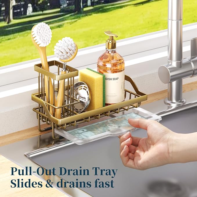 Consumest Sponge Holder for Kitchen Sink - Sink Caddy with Dish Brush Holder, Stainless Steel Kitchen Organizer with Drip Tray for Countertop, Darker Gold - Image 5