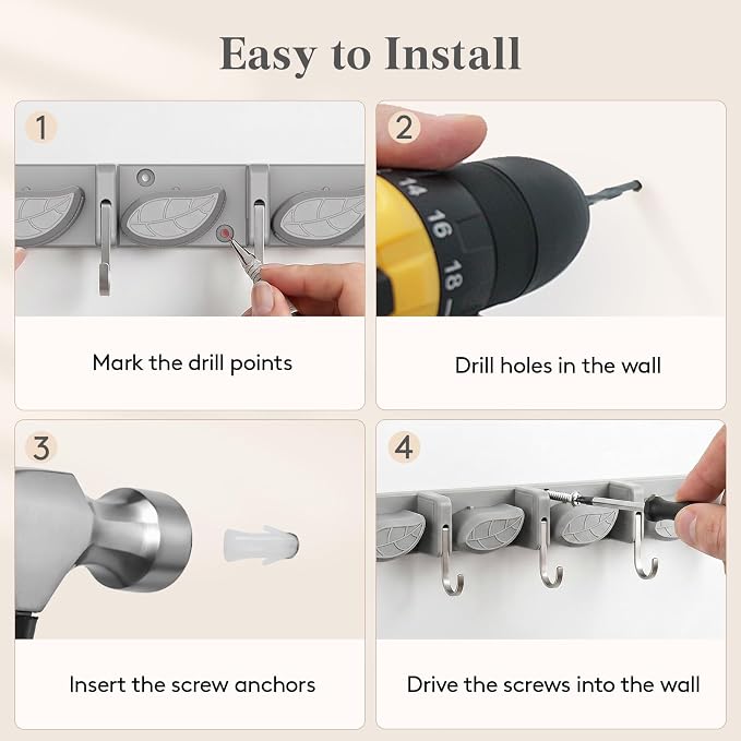 Lifewit Mop and Broom Holder Organzier Wall Mount Non-Slip, 1 Pack, Gray | Easy Install One Handed Push Cleaning Tool Hanger with 6 Hooks 5 Slots, Heavy Duty Hanging Utility Rack for Garden, Garage - Image 8