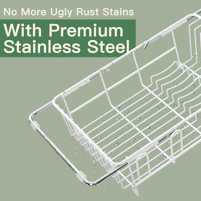 White Dish Drying Rack Over Sink with Utensil Holder, Drainboard | Expandable Stainless Steel Dish Drainer for Small Kitchen, Apartment, RV, Counter Space Saving, Perfect Fit, Rustproof - Image 4