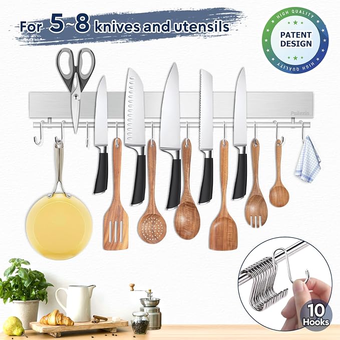 17 inch Magnetic Knife Holder with 10 Hooks, No Drilling Wall Mount, Powerful Magnet Rack - Image 3