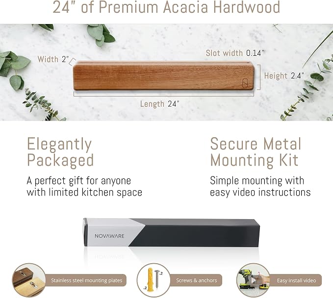 Premium 24 inch Magnetic Knife Holder for Wall with 2x Storage & Charming Wood - Knife Magnetic Strip, Under Cabinet Magnet Knives Storage - Magnet Strip Rack Kitchen Utensil Holder Organizer Tool - Image 3