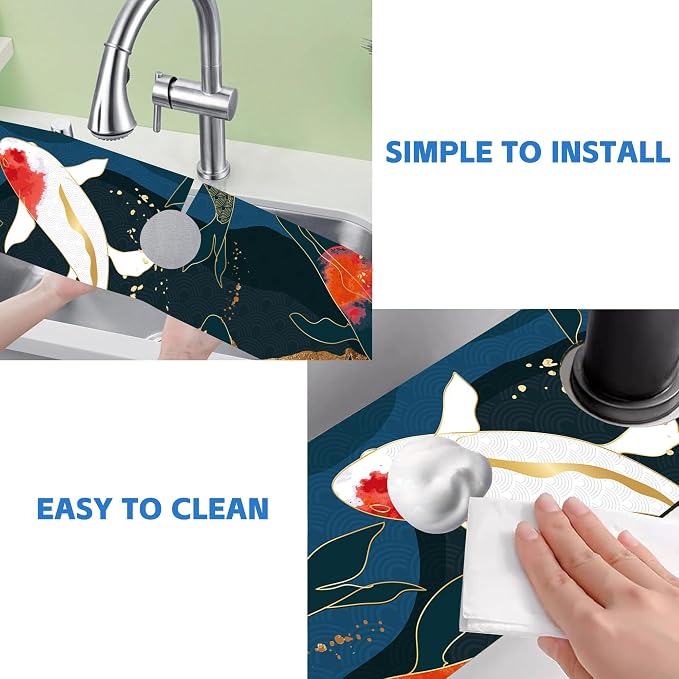 Oriental Japanese Koi Fish Sink Faucet Absorbing Mat Sink Splash Guard Faucet Mat Draining Mat Fast Drying Sink Protectors for Kitchen and Bathroom 5.5"×24" - Image 5