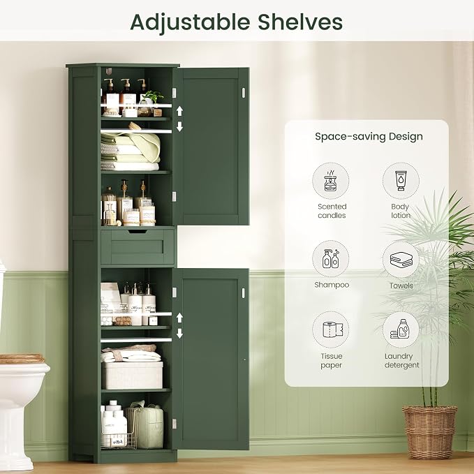 Iwell Tall Bathroom Storage Cabinet with 2 Doors & 1 Drawer, Narrow Storage Cabinet with Adjustable Shelves, for Living Room, Bathroom, Kitchen, Forest Green - Image 4