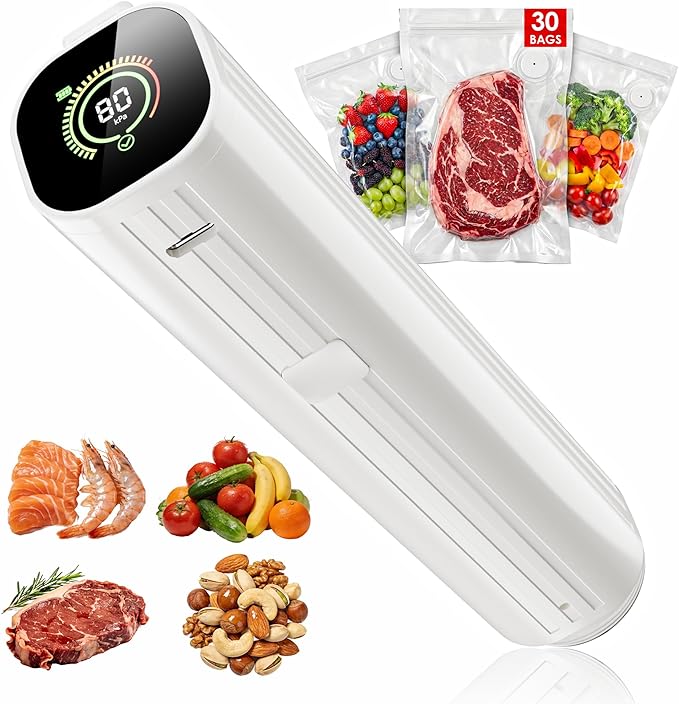 Compact Vacuum Sealer for Food (Vacuum Sealer Machine + 30 Reusable Vacuum Bags) Powerful Handheld Vacuum Sealer Machine, Featuring LED Pressure Display, Portable Food Sealer by NatupoVacuumSealer