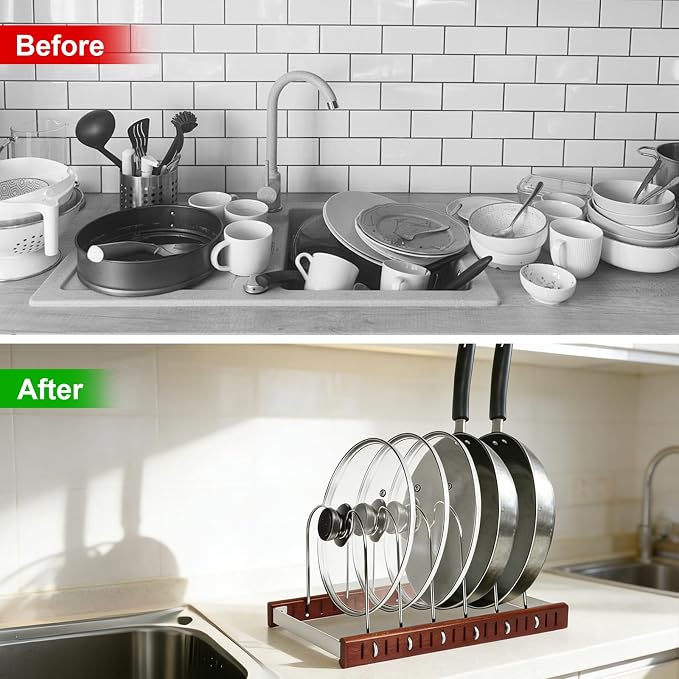 Pot Lid & Pan Organizer, Space-Saving Kitchen Cabinet Organizer W Oak Base & Self-Adaptive Flexible Design for Tray, Baking Sheet, Cutting Board, Cookware, Skillets - Cutting Board Holder Storage - Image 7
