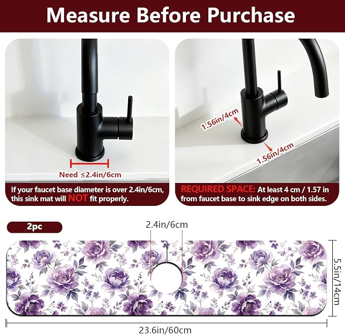 2 Pcs Kitchen Sink Splash Guard Faucet Mat Purple Flowers Faucet Mat for Sinks Dreamlike Blooms Absorbing Drying Mats for Kitchen Bathroom, 23.6x5.5inch - Image 2