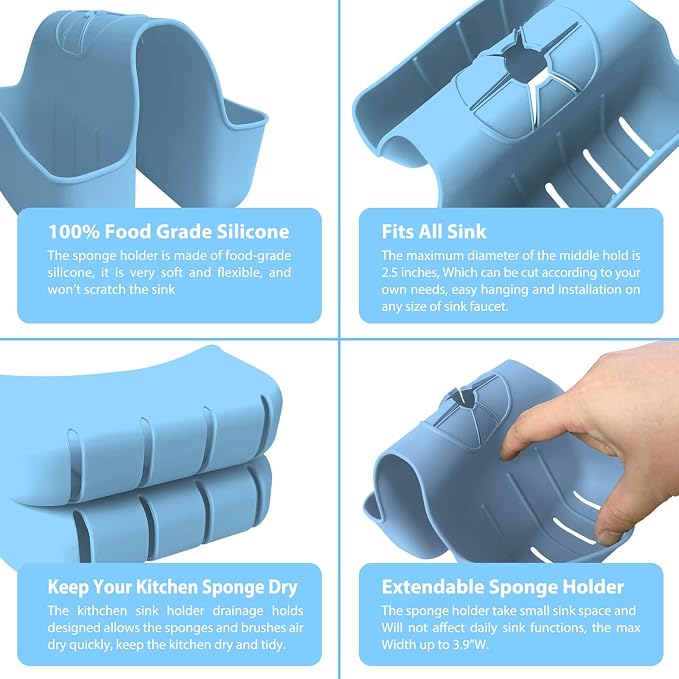 Sponge Holder for Kitchen Sink, Silicone Sink Saddle Caddy Organizer Rack, Sponges Holder Over Faucet, Hanging Kitchen Organizer Accessories Rack Basket Light Blue - Image 2