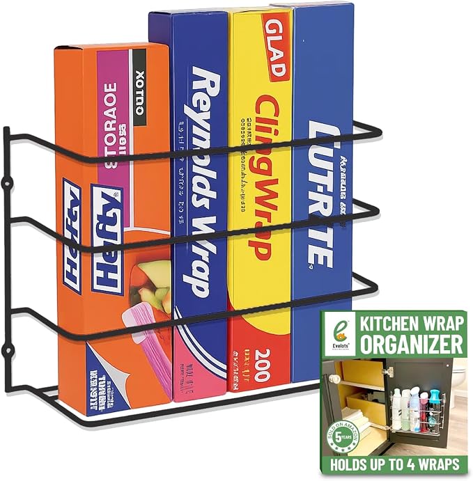 Evelots Kitchen Wrap Organizer - Hold up to 4 Plastic, Foil, Paper, Wax - Cabinet Door, Wall Rack Basket - Sandwich, Freezer, Food Bag Storage - Laundry Supplies - Black | Keep kitchen wraps and food bags organized with 1 basket that mounts on a wall o... by Evelots