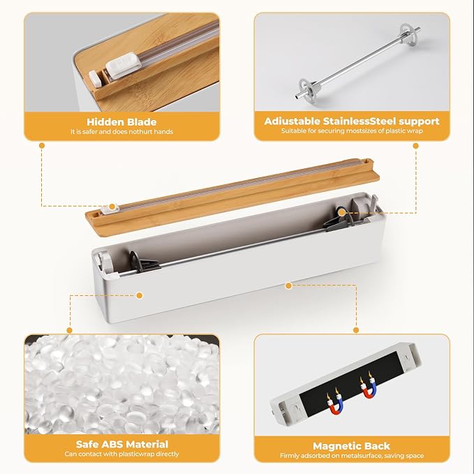 Magnetic Plastic Wrap Dispenser with Cutter - Quasziwa Upgrade Practical Refillable Cling Wrap Aluminum Tin Foil Organizer for Drawer, Include an Extra Roll of 12"X 164' Food Cling Film - Wood Grain - Image 7