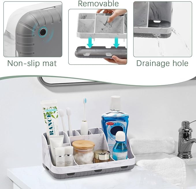 GFWARE Marble Bathroom Countertop Organizer - Detachable 7 Slots Kids Electric Toothbrush and Toothpaste Holde Drainage for Bathroom Accessories Organization Counter Vanity Storage, Grey | Detachable 7 Slots Kid Electric Toothbrush and Toothpaste Holde... - Image 4