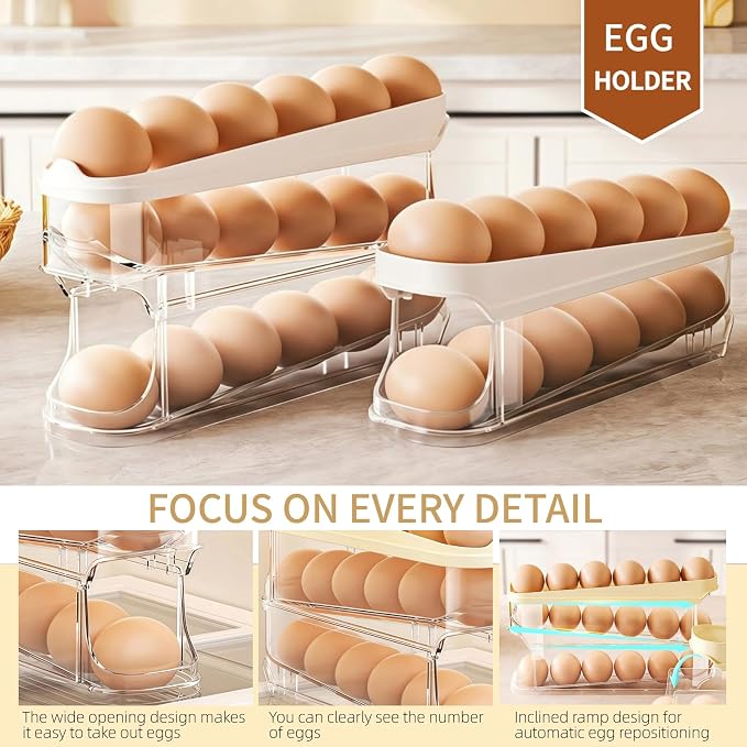 Egg Holder for Fridge, Space-Saving Automatic Rolling Egg organizer for refrigerator, Clear Stackable Egg container for refrigerator, Egg Storage with Lid, Home Egg Dispenser & Tray (2-layer) - Image 2