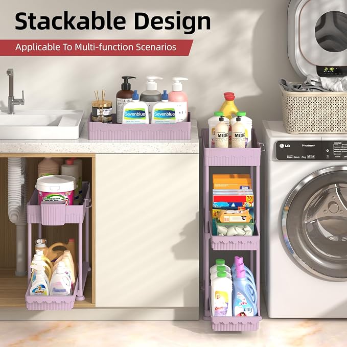 4-Pack 2-Tier Under Sink Organizer with Pull Out Drawers | Multi-use kitchen & bathroom storage. Includes hanging hooks and cups. Pink, space-saving cabinet design. 12.8 Inch - Image 3