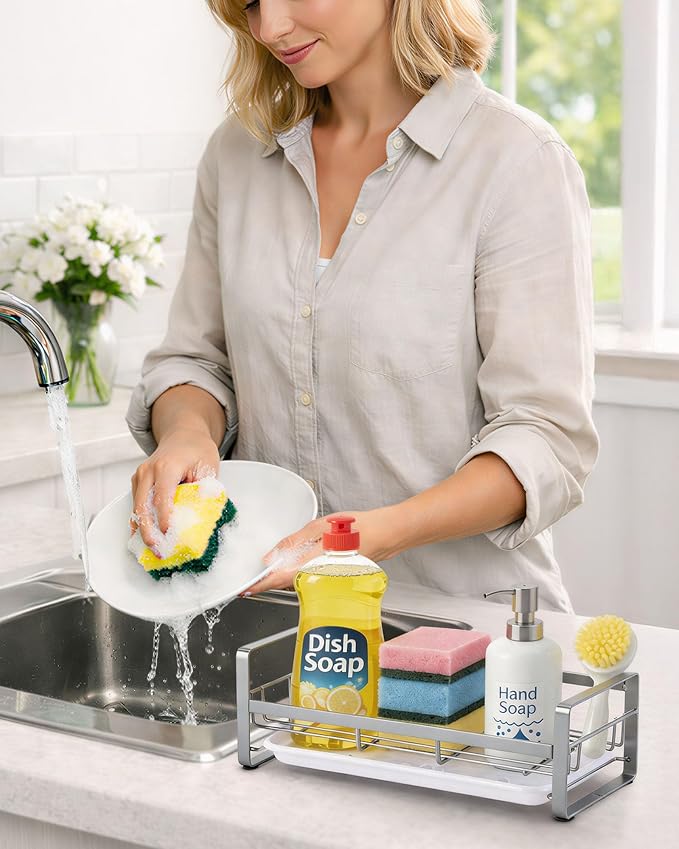 HULISEN Large Kitchen Sponge Holder, 304 Stainless Steel Sink Caddy, Grey | Removable Drain Tray, Holds Sponges Soap Bottles Brushes, Countertop Storage, No Dispenser or Brush - Image 3